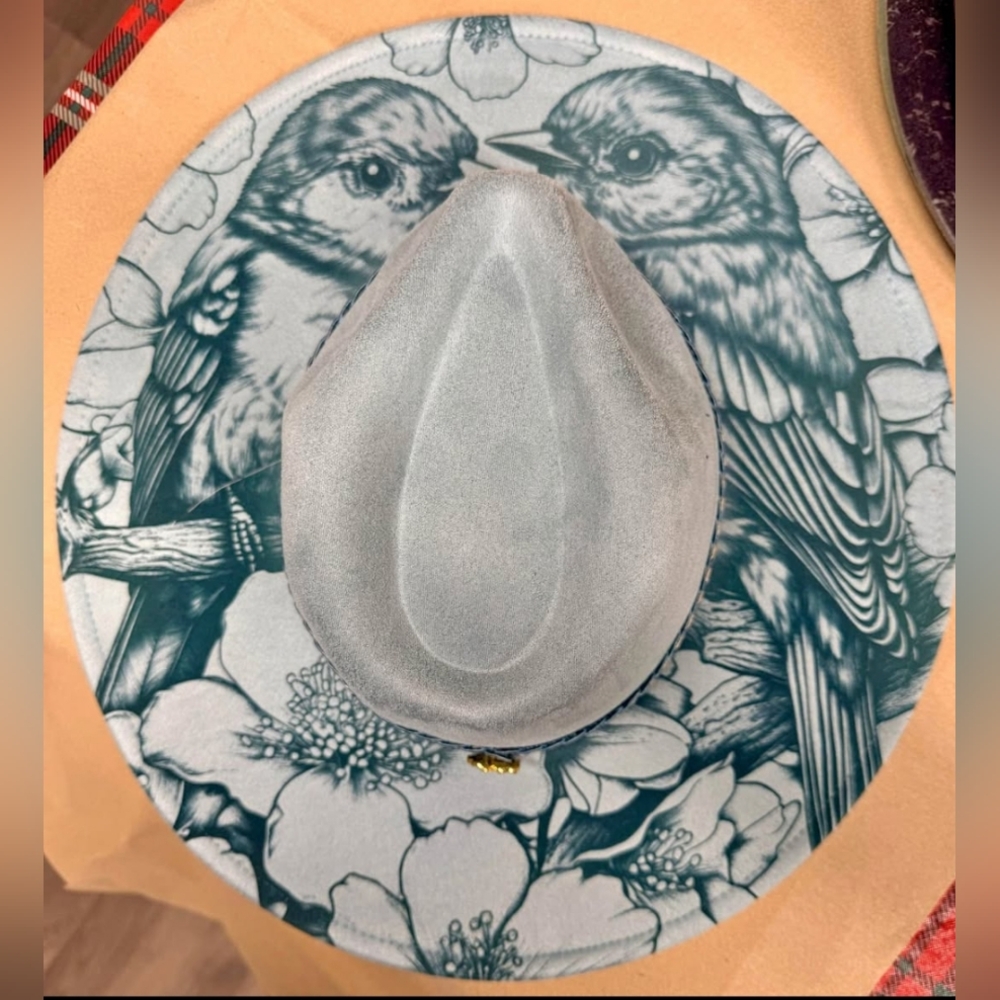 Handmade Blue Suede Western Hat Floral Bird Brim Wide Brim Boho Rancher